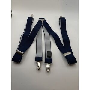 Mens Dark Blue Stretch 1 Inch Wide Dress Suspenders With Silver Clips Adj 15-30"